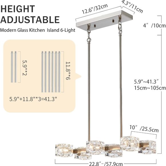 Modern Rectangular 6-Light Chandelier | Brushed Nickel, Adjustable &‎ Dimmable - Picture 3 of 9